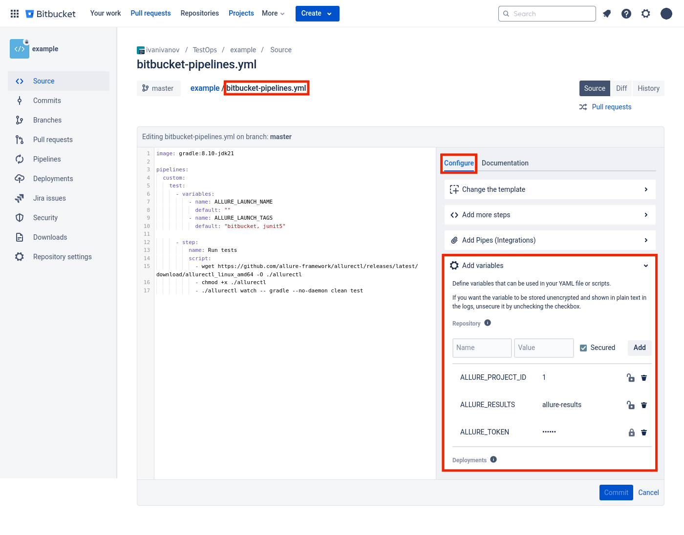 Переменные могут быть установлены на уровне проекта Bitbucket.