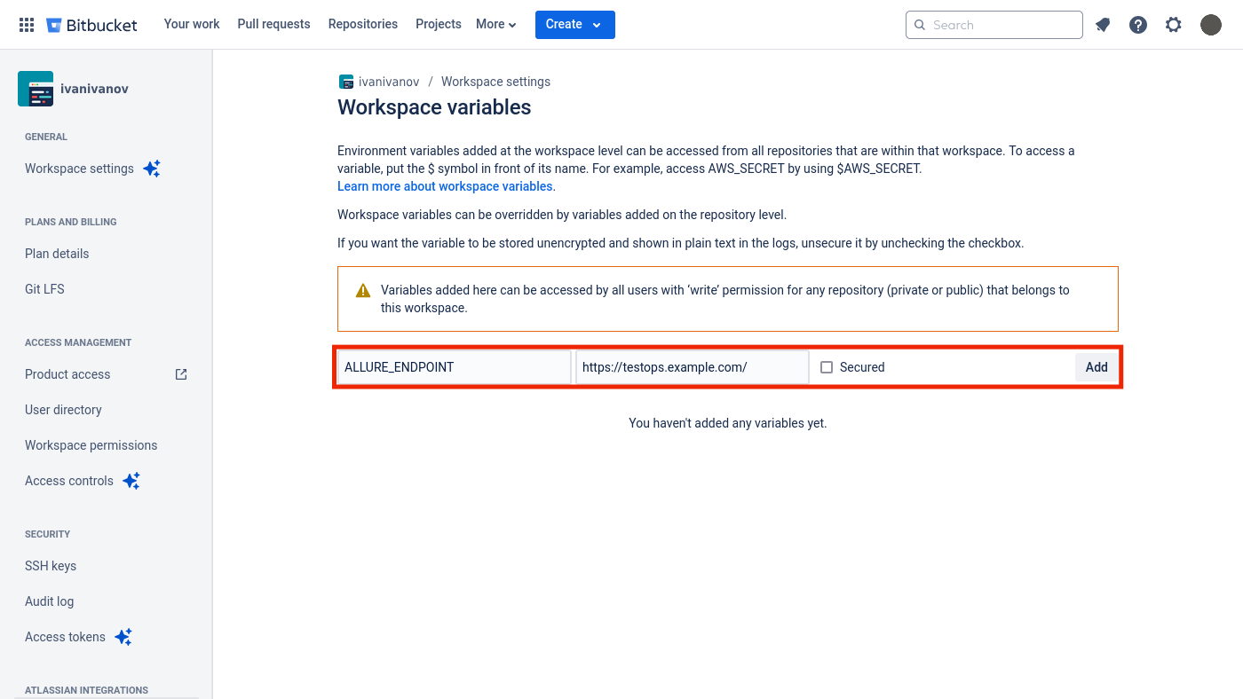 Переменная "ALLURE_ENDPOINT" может быть установлена на уровне рабочего пространства Bitbucket.