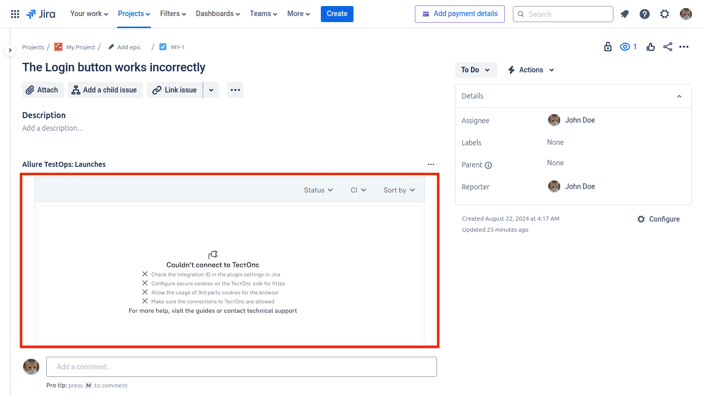 В iFrame отображается сообщение "Couldn't connect to ТестОпс".