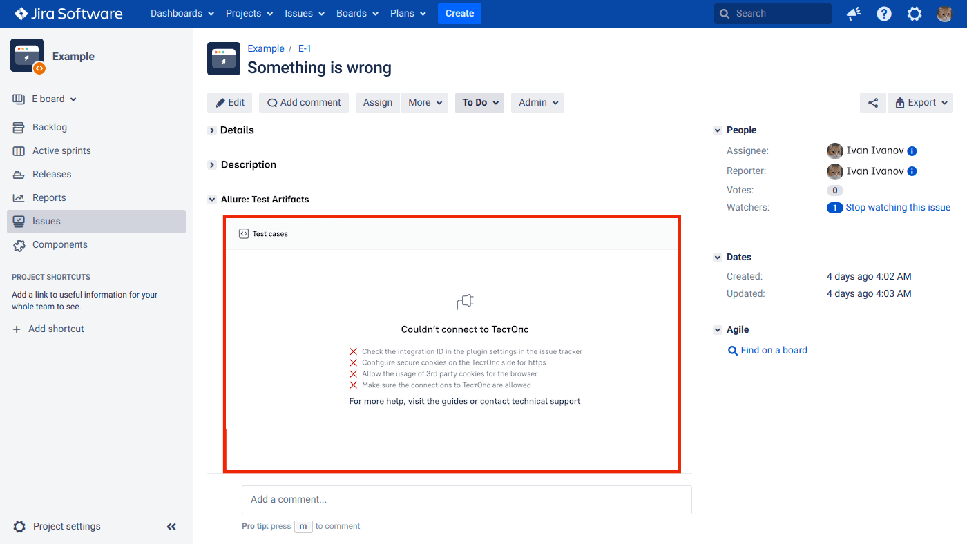 В iFrame отображается сообщение “Couldn't connect to ТестОпс".