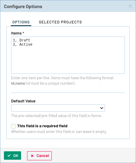 Окно "Configure Options" позволяет ввести несколько статусов с их ID.