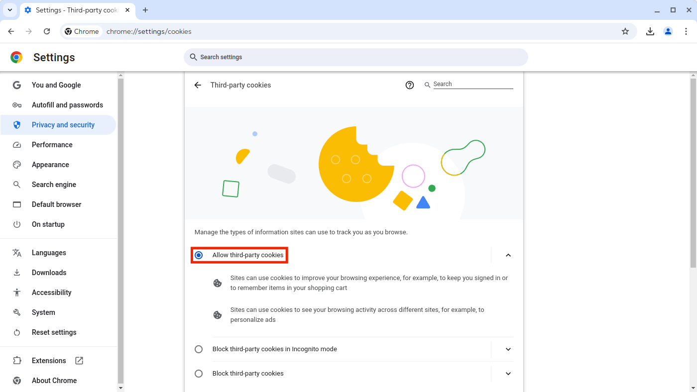 Опция "Allow third-party cookies" находится в разделе "Privacy and security".