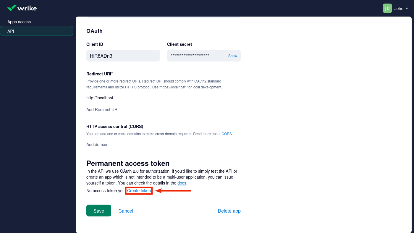 Ссылка "Create token" находится в разделе "Permanent access token".